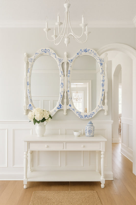 Double wood mirror white and blue hand painted. Shipping included.